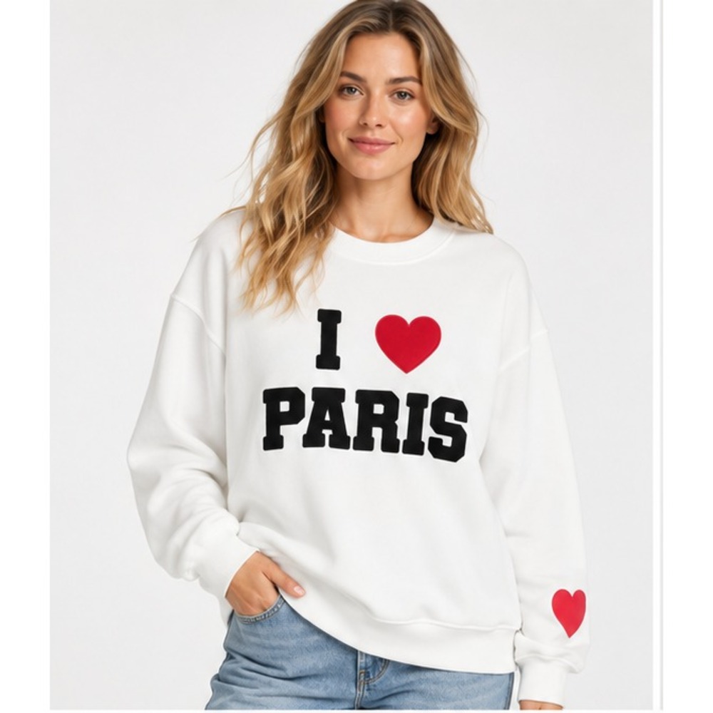 Liv & Lottie Womens Sweatshirt Sz M White Paris Graphic Oversized Crew Fleece